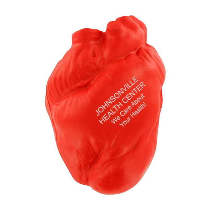 A red heart-shaped stress reliever with a logo and text on its surface, designed as a keyring accessory.