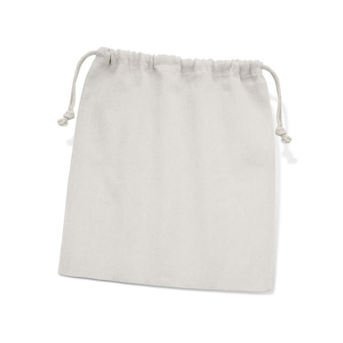 A medium cotton gift bag in a natural off-white colour with a drawstring closure. Features a logo.
