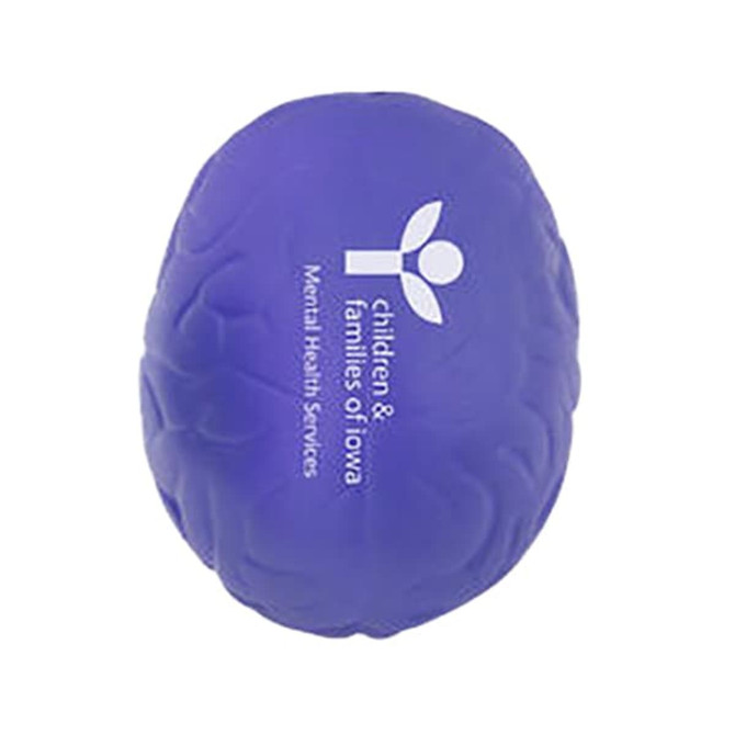 A purple brain-shaped stress reliever with a logo on one side.
