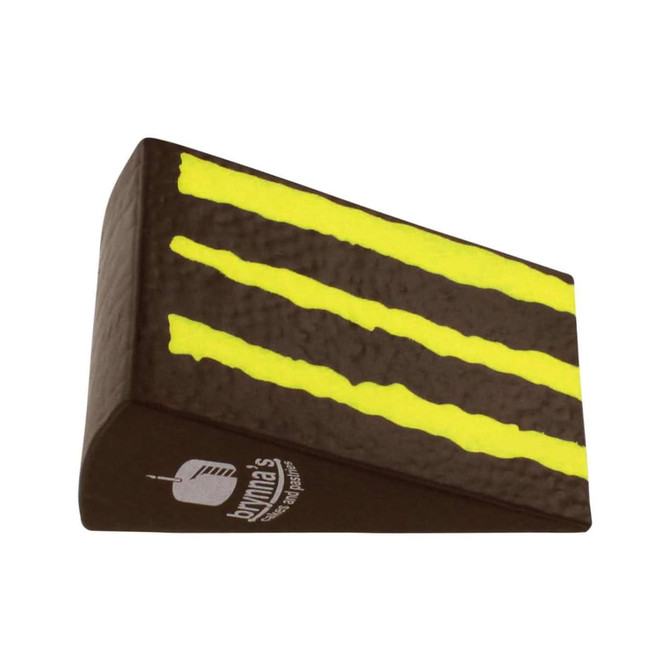 A brown and yellow chocolate cake shape stress reliever with a textured surface and a logo.