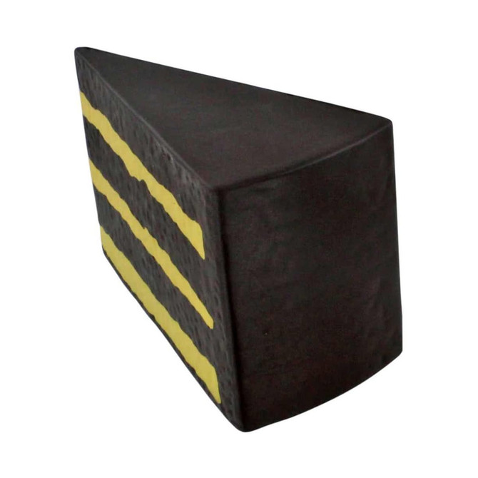 A chocolate cake-shaped stress reliever in dark brown with yellow stripes, featuring a textured surface.