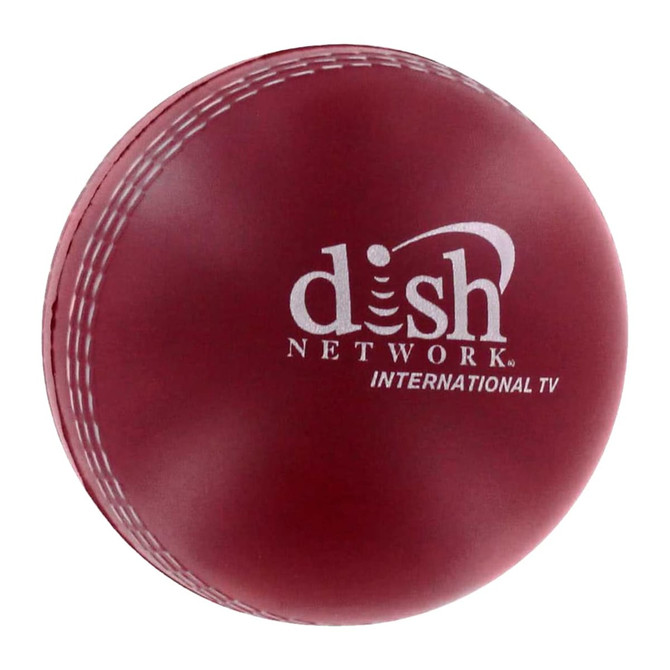 A maroon cricket ball-shaped stress reliever with a white logo and stitching details.
