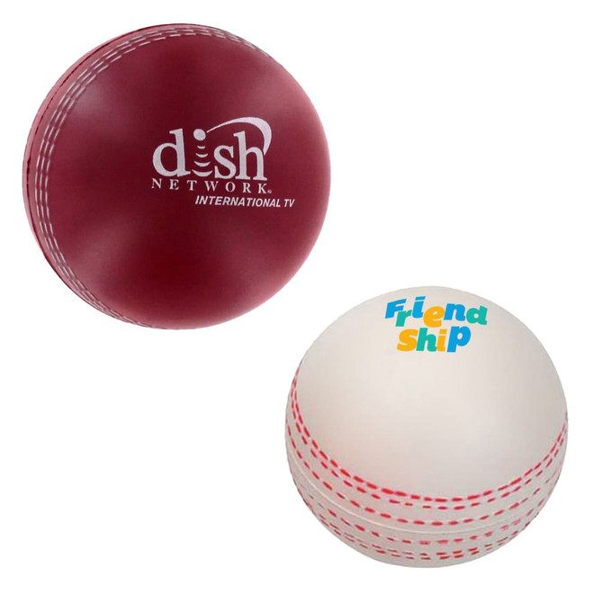 A red and white cricket ball-shaped stress reliever featuring a logo and colourful text. Both balls have stitching details.