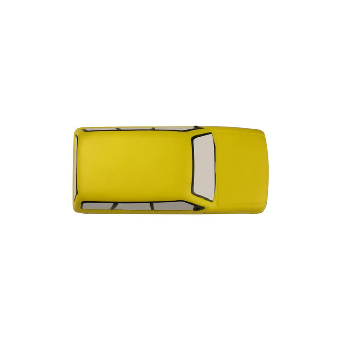 A yellow minibus-shaped stress reliever with black detailing, featuring a smooth surface.