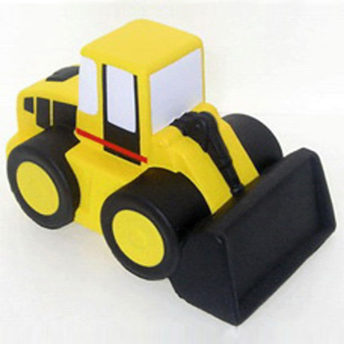 A yellow bulldozer-shaped stress reliever with a black front scoop and minimal white detailing. Features a logo.