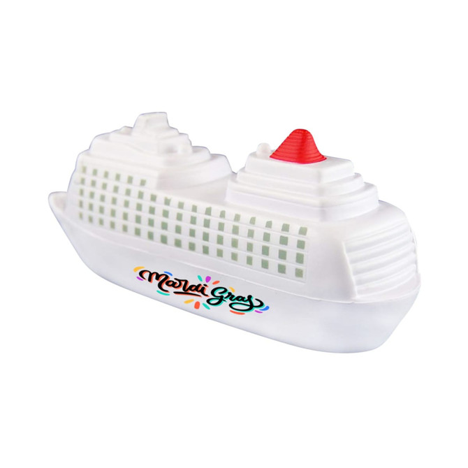 A stress reliever shaped like a white cruise ship with a red and white top and a logo on the side.