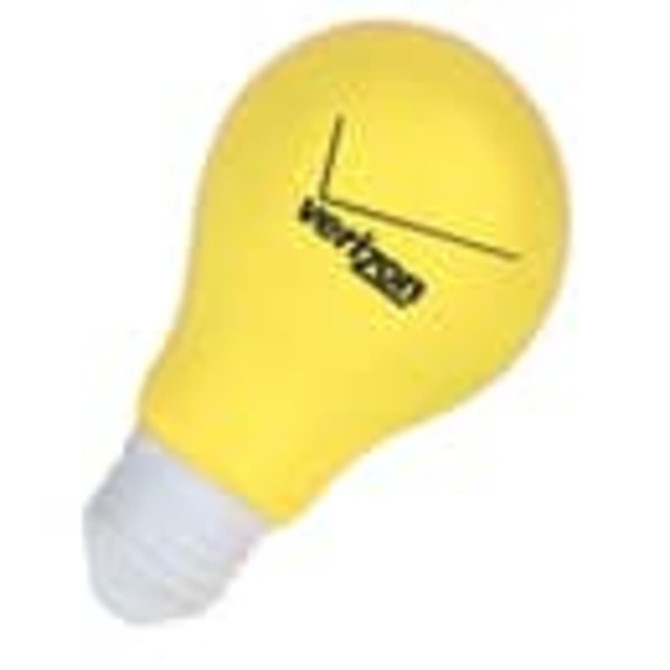 A yellow bulb-shaped stress reliever with a white base and a logo.