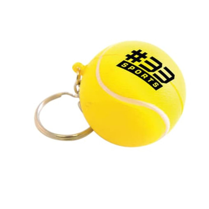 A yellow keyring shaped like a tennis ball, featuring a logo and attached to a metal keyring.