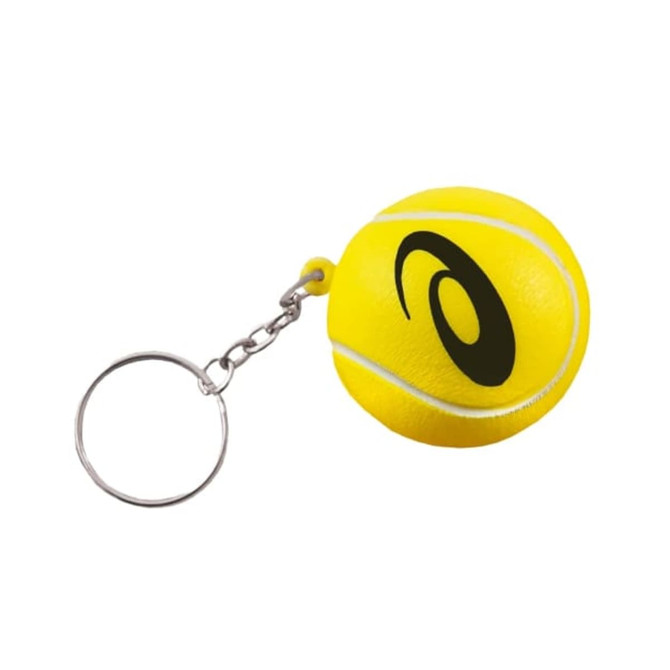 A yellow tennis ball stress item attached to a metal keyring, featuring a black logo.