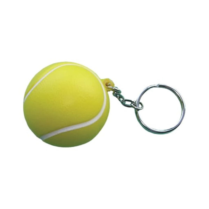 A yellow tennis ball keyring stress item with a silver keyring attachment.