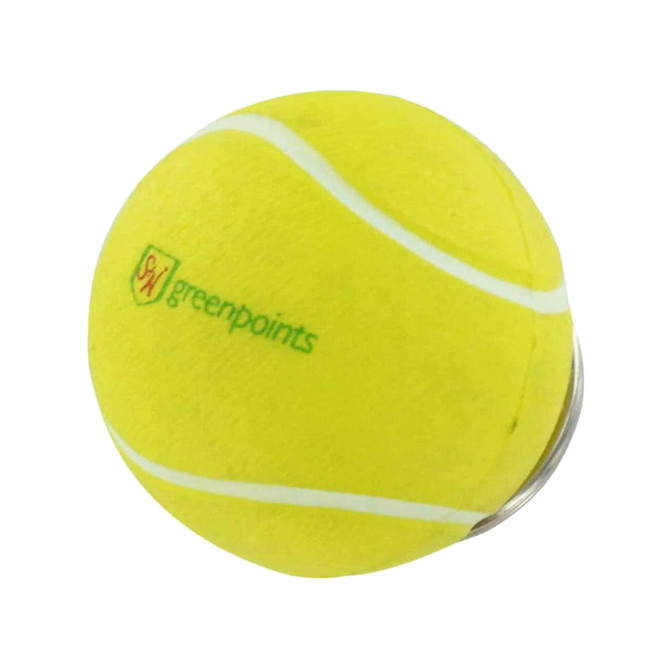 A yellow tennis ball stress item with white stripes, attached to a metal keyring. Features a logo.