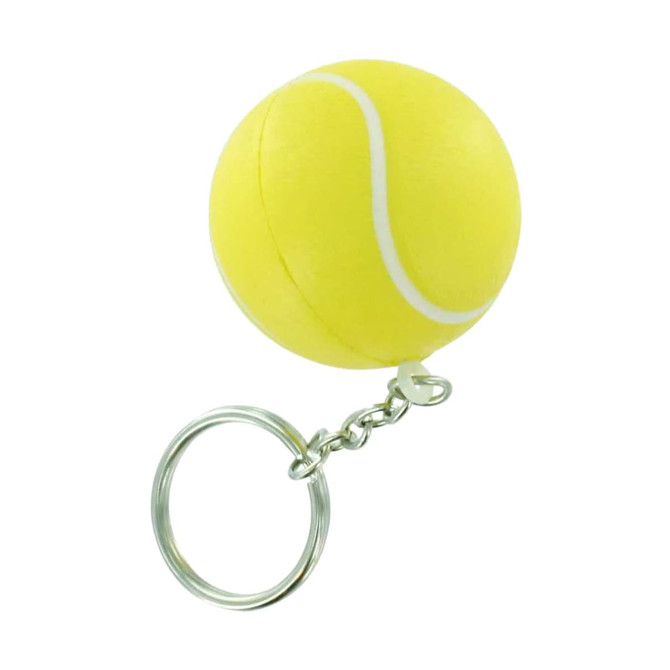 A yellow keyring featuring a tennis ball stress item, attached to a silver keychain.