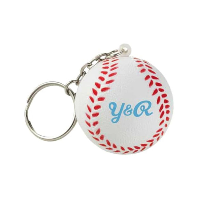 A white baseball stress reliever keyring with red stitching and a metal keyring attachment. It features a logo.