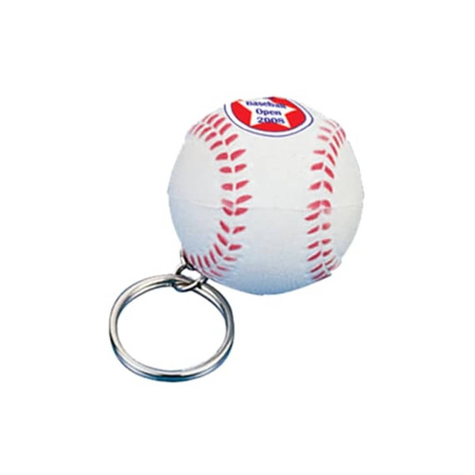 A white baseball stress reliever with red stitching attached to a keyring, featuring a logo.