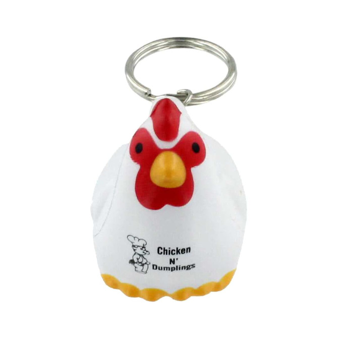 A white chicken-shaped keyring with a red comb and beak, attached to a metal keyring.