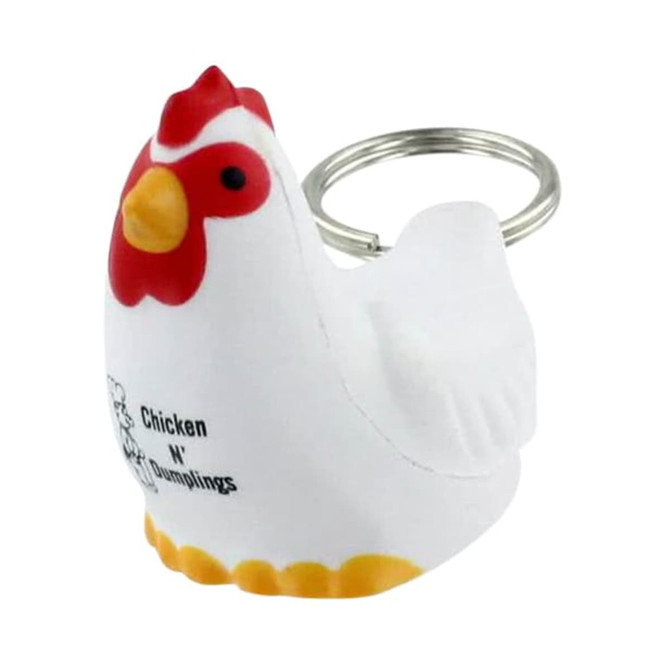 A white rooster-shaped stress reliever keyring with red and yellow accents, featuring a branding logo.