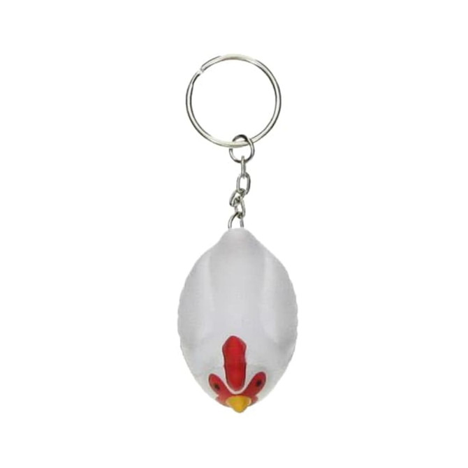 A white rooster stress reliever keyring with red detailing, attached to a metal keychain.