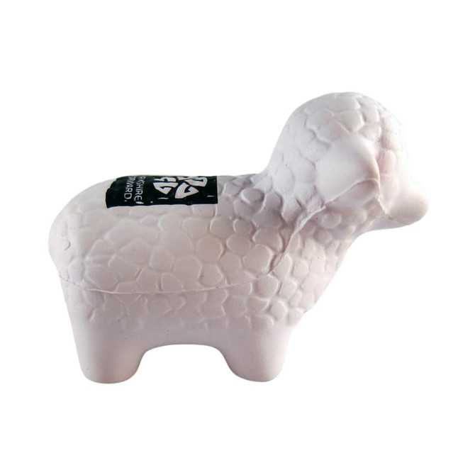 A white sheep-shaped stress reliever with a textured surface and a small logo on its side.