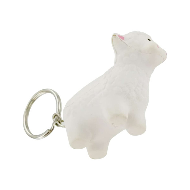 A white sheep stress reliever keyring with a metal keychain attached.