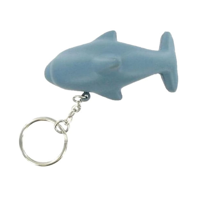 A blue dolphin-shaped keyring stress reliever with a metal keychain attachment.