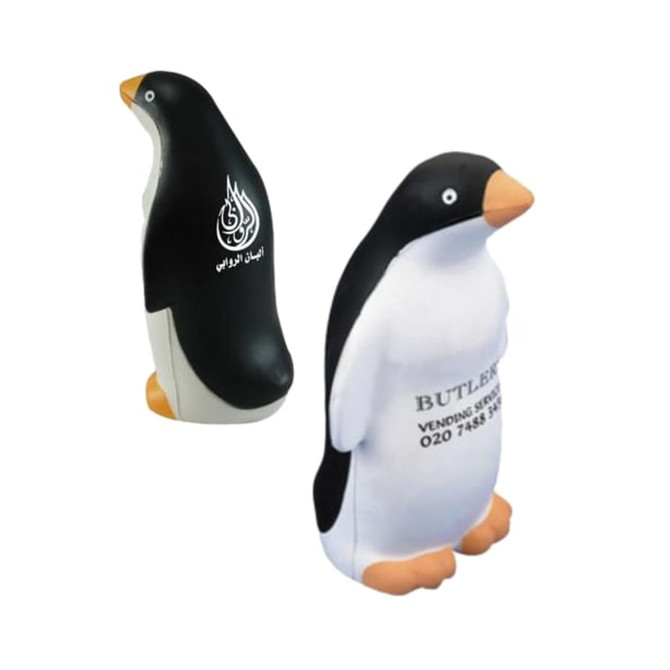 A penguin-shaped stress reliever in black and white, featuring a logo on its side.
