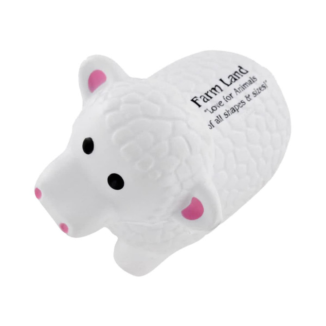 A white sheep-shaped stress reliever with a textured wool pattern and black eyes and nose. It features a logo.
