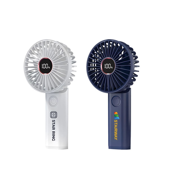 A handheld power bank folding fan in white and navy, featuring a logo on the navy model.