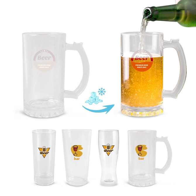A drink glass set featuring colour-changing mugs, showcasing clear and frosted designs with a logo.
