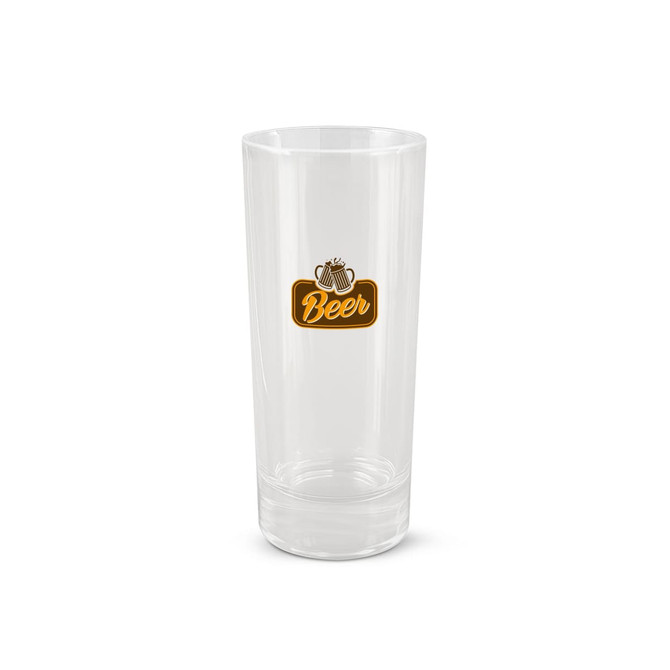 A clear glass with a logo, featuring a tall, straight design suitable for beverages.