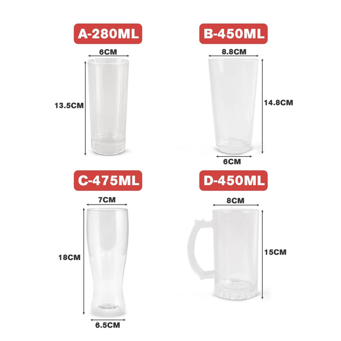 Four transparent glassware items in varying sizes: A-280ml, B-450ml, C-475ml, and D-450ml, each featuring measurement details.