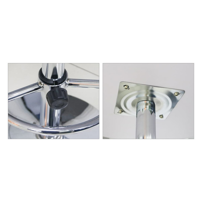 A chrome bar table featuring a height-adjustable mechanism and a sturdy base with screw fittings.