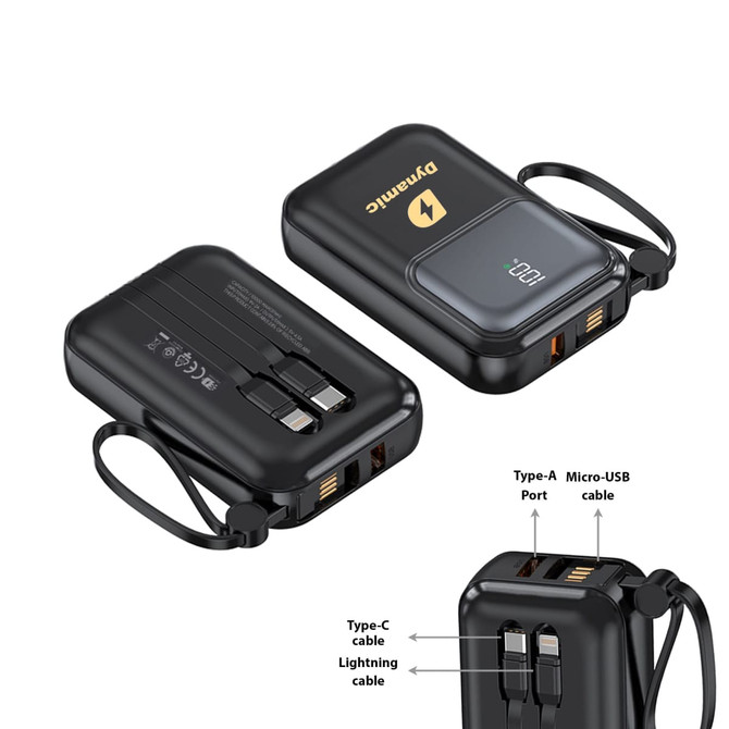 A black 10000mAh power bank with multiple ports and a built-in Type-C, Micro-USB, and Lightning cable.
