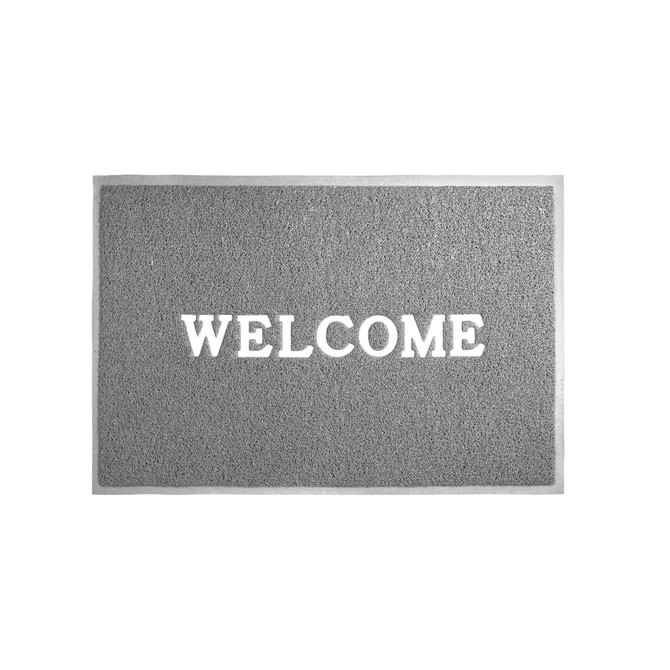 A grey debossed mat featuring a textured surface and a central logo, designed for office and business use.