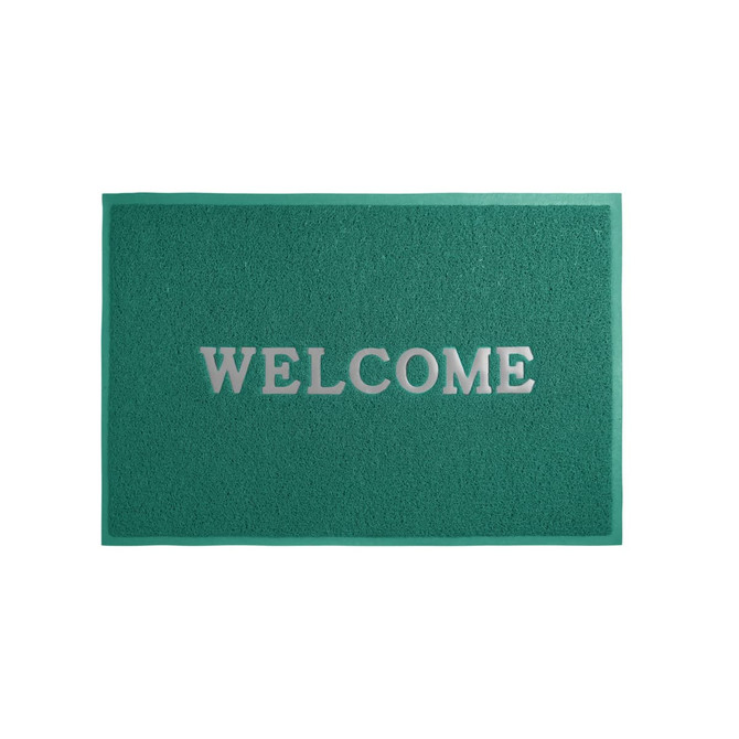 A green debossed floor mat featuring a silver logo and the word "WELCOME" prominently displayed.