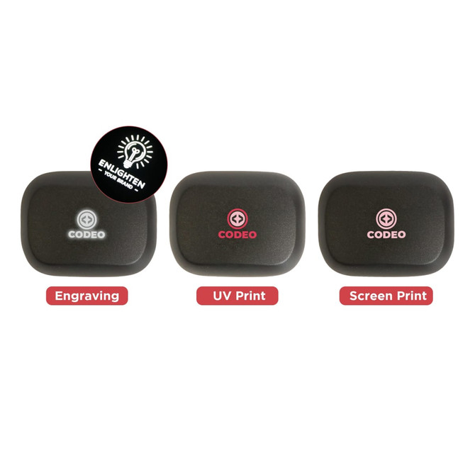 Three black charging cases for ANC Wireless Earbuds, featuring options for engraving, UV print, and screen print.