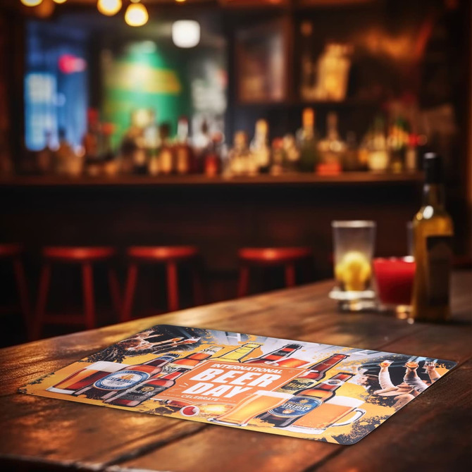 A vibrant rubber counter mat featuring a variety of beers and a festive design, set on a wooden bar surface.