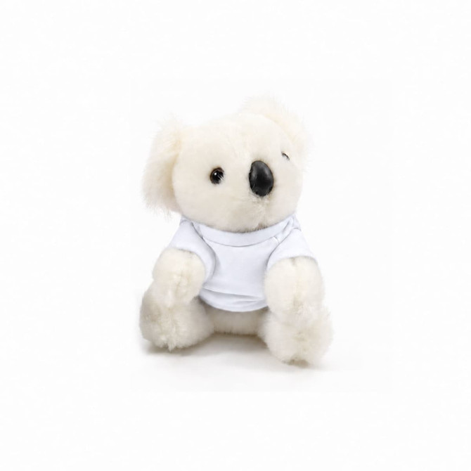 A cute white koala plush toy wearing a plain white shirt, sitting upright with a friendly expression.