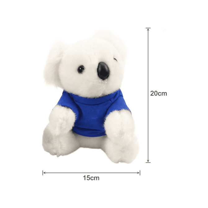 A plush koala toy wearing a blue shirt, measuring 20cm tall and 15cm wide. It is fluffy and designed for fun.