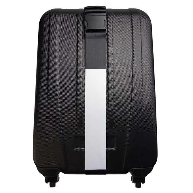 A black suitcase featuring a luggage strap across its surface for secure fastening.