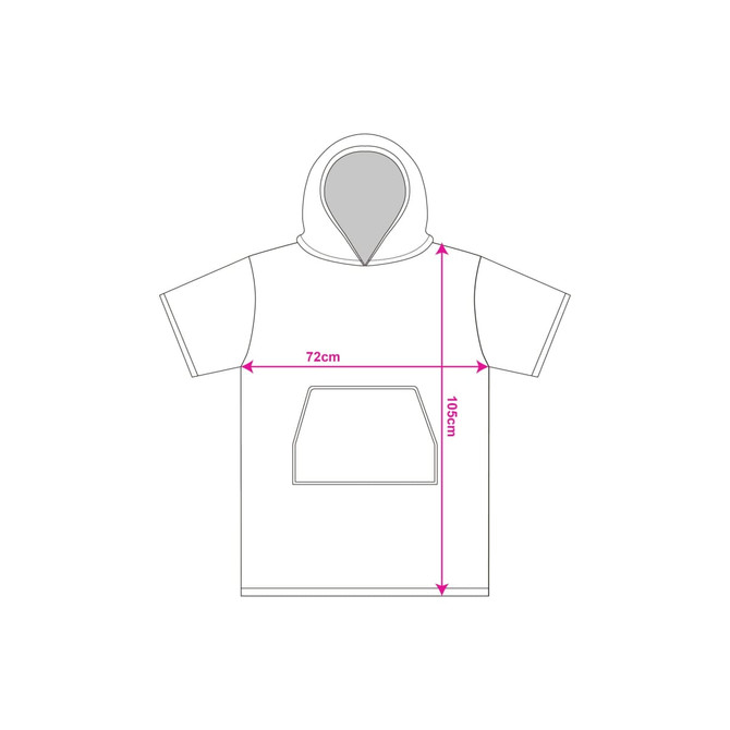 A hooded change towel featuring a front pocket, measuring 72cm wide and 105cm long, with a simple design outline.