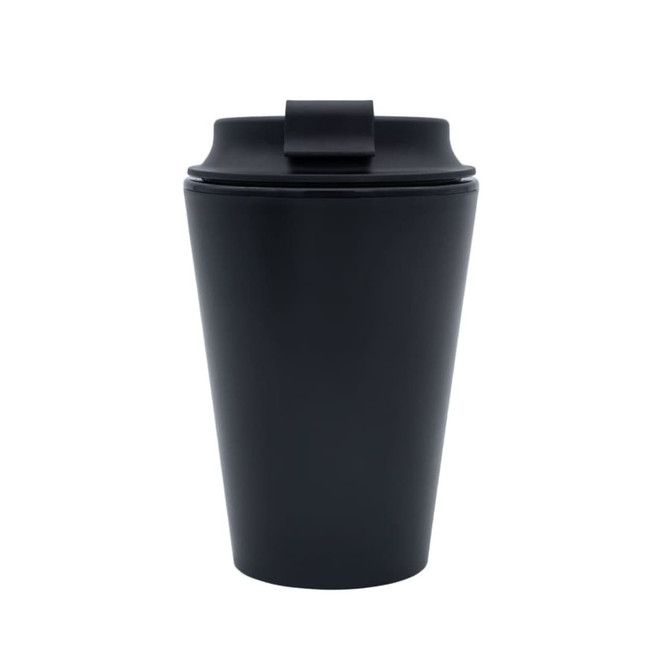 A black, recycled PP 350mL coffee mug with a lid and a sleek design, featuring a logo.
