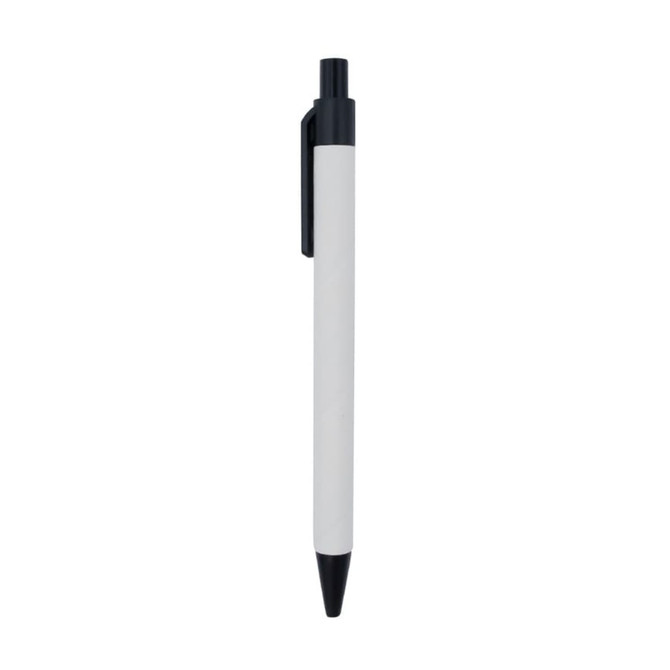 A black and white pen with a retractable tip and a clip for easy attachment. Features a simple design.