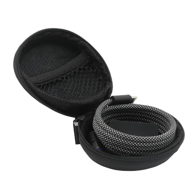 A black carrying case containing a green and black charging cable with textured detailing. The case has a zip closure.