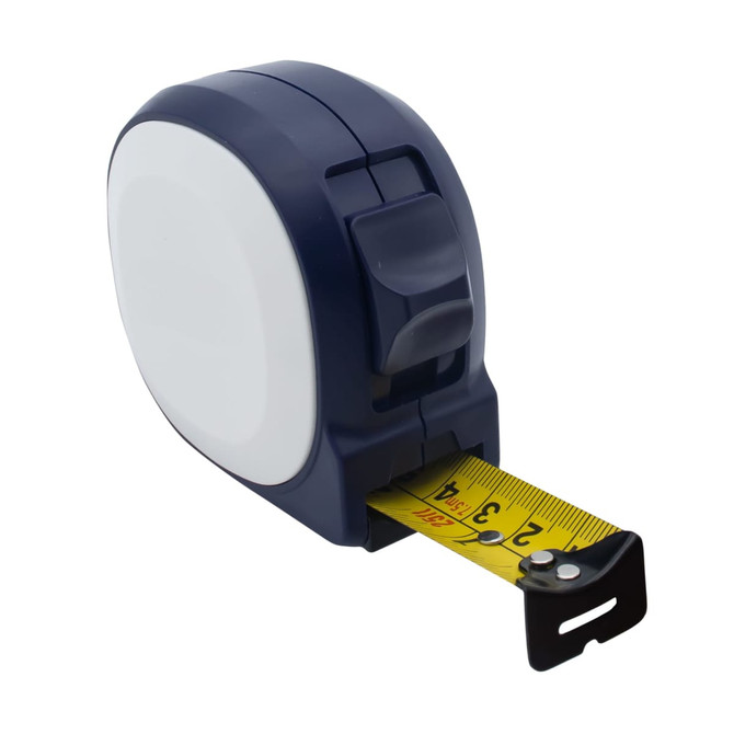 A navy and white 7.5M tape measure with a yellow measuring tape and a metal clip. It features a branding logo.