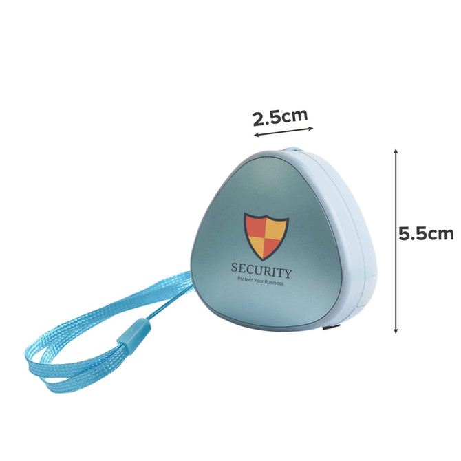 A triangular retractable portable charging cable in light blue with a logo and a wrist strap for easy carrying.