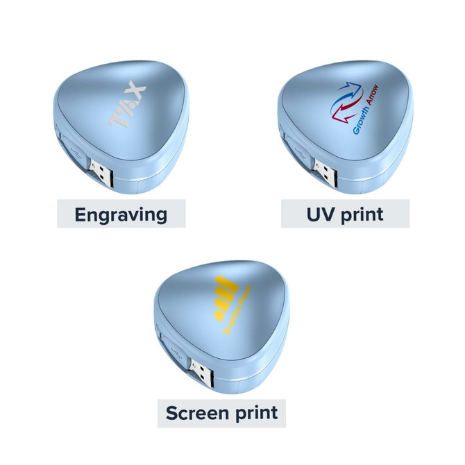 A triangular blue 3-in-1 retractable charging cable featuring options for engraving, UV print, and screen print.