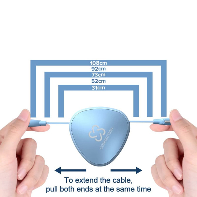 A triangular blue portable charging cable with multiple retractable lengths is held by two hands.