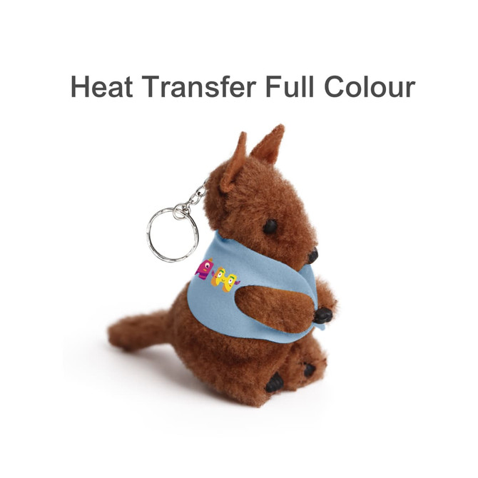 A brown kangaroo plush toy with a blue pouch, featuring a keychain attachment.