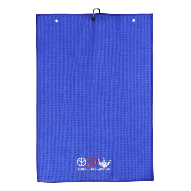A blue golf towel featuring a textured fabric, with a logo and a hanging loop at the top.