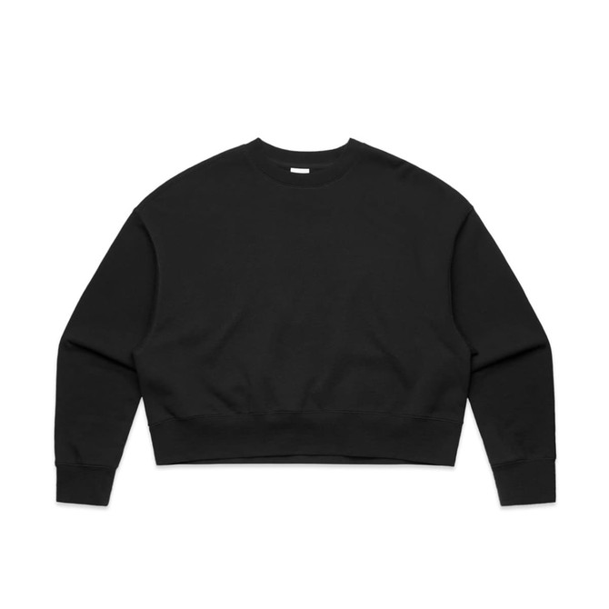 A black oversized crew jumper with long sleeves and a ribbed hem. It features a branding logo.